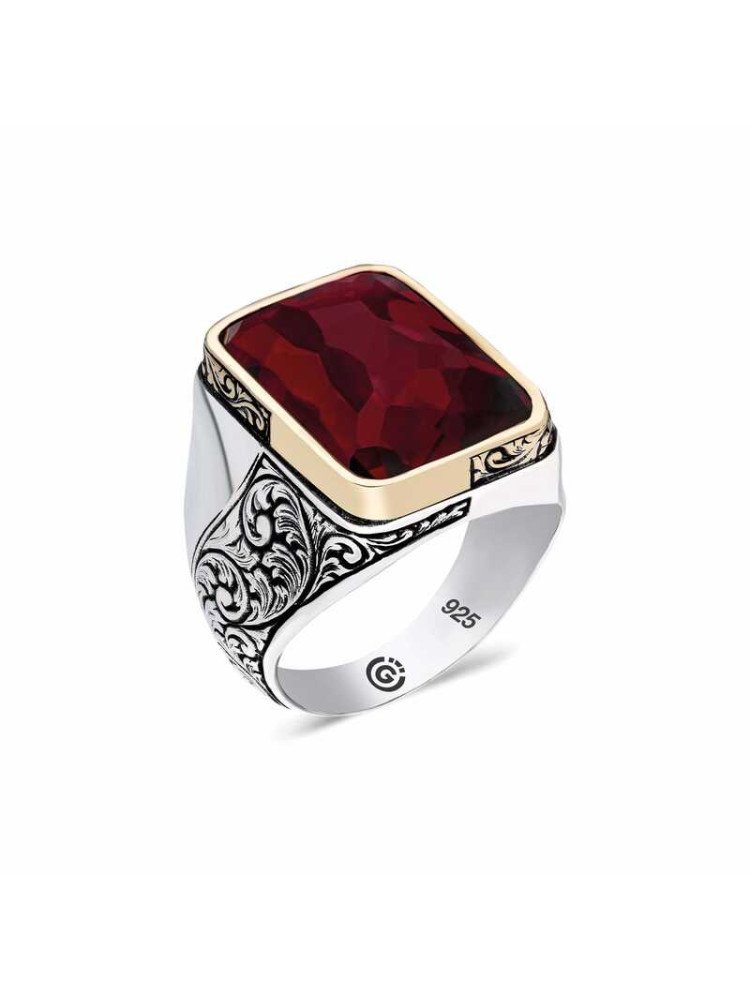 ​Gümüş Bordo Taşlı Köşeli Erkek Yüzük CSR2183380