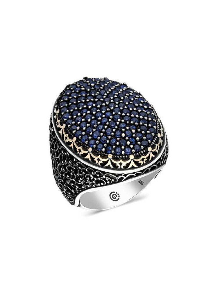 Gümüş Lacivert Zirkon Taşlı Oval Erkek Yüzük CSR2184016