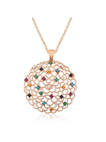 Gümüş Rose Geometrik Desenli Madalyon Kolye CSR2180656