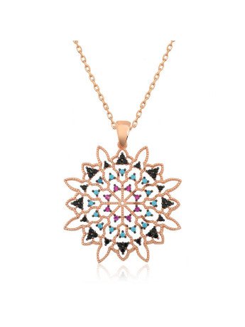 Gümüş Rose Geometrik Desenli Madalyon Kolye CSR2180655