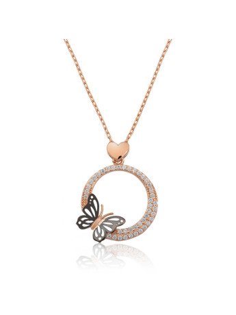Gümüş Rose Kalpli Kelebek Çemberi Kolye CSR2180688
