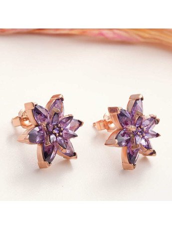 Gümüş Rose Mor Lotus Çiçeği Çivili Kadın Küpe CSR2185168