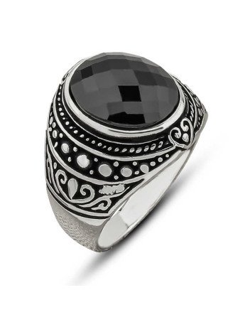 Gümüş Siyah Zirkon Taşlı Oval Erkek Yüzük CSR2185419