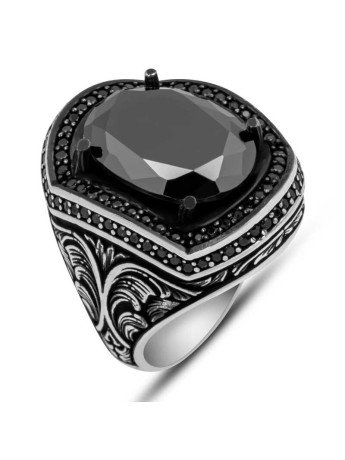Gümüş Siyah Zirkon Taşlı Oval Erkek Yüzük CSR2185000