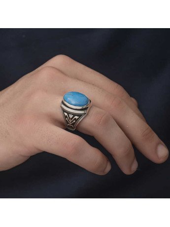 Gümüş Zirkon Turkuaz Taşlı Oval Erkek Yüzük CSR2184429