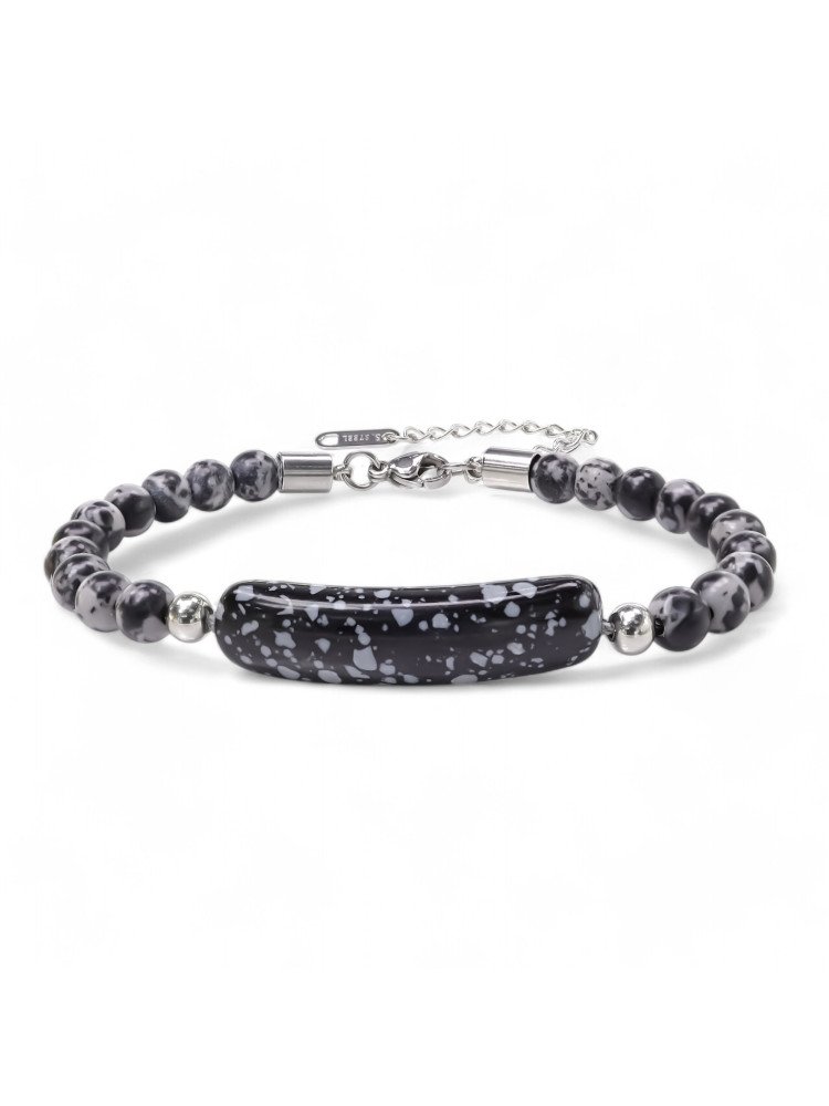Snowy Obsidian Doğaltaş Çelik Halat Ve Çelik Klipsli Bileklik CSR1180172