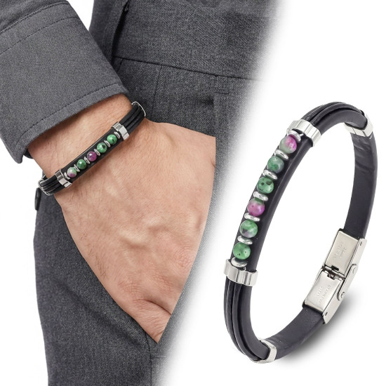 Zümrüt Taşlı Deri Erkek Bileklik