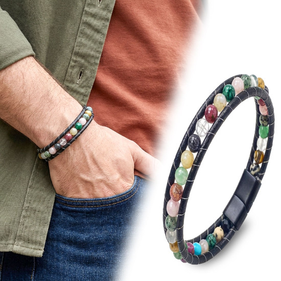 6mm Çakra Akik Taşlı Deri Kordon Çelik Erkek Bileklik 6mm Çakra Akik Taşlı Deri Kordon Çelik Erkek Bileklik