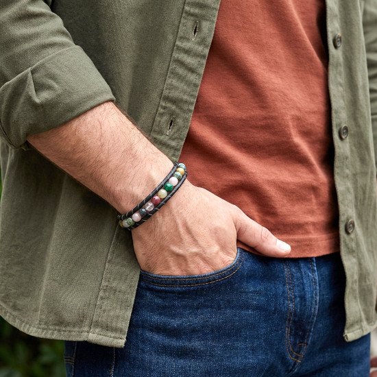 6mm Çakra Akik Taşlı Deri Kordon Çelik Erkek Bileklik 6mm Çakra Akik Taşlı Deri Kordon Çelik Erkek Bileklik