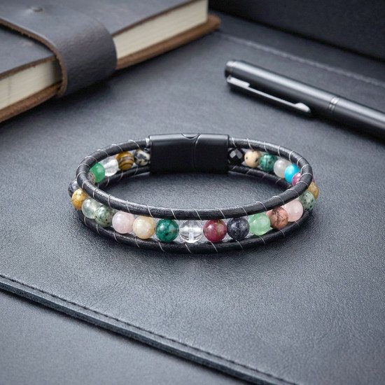 6mm Çakra Akik Taşlı Deri Kordon Çelik Erkek Bileklik 6mm Çakra Akik Taşlı Deri Kordon Çelik Erkek Bileklik