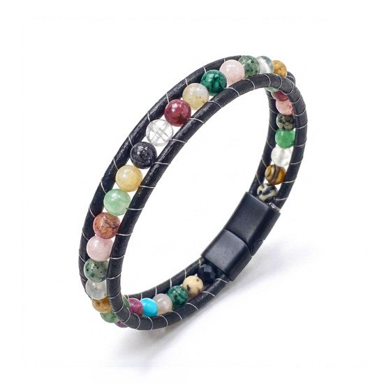 6mm Çakra Akik Taşlı Deri Kordon Çelik Erkek Bileklik 6mm Çakra Akik Taşlı Deri Kordon Çelik Erkek Bileklik