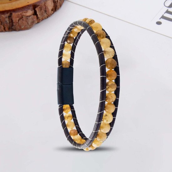 Faset Kesim Kahverengi Akik Taşlı Deri ve Çelik Erkek Bileklik Faset Kesim Kahverengi Akik Taşlı Deri ve Çelik Erkek Bileklik