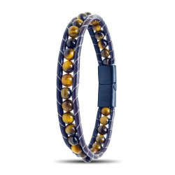 Kaplan Gözü Taşlı Deri Kordon ve Çelik Erkek Bileklik