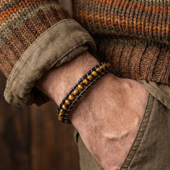 Kaplan Gözü Taşlı Deri Kordon ve Çelik Erkek Bileklik