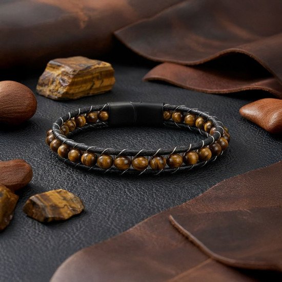 Kaplan Gözü Taşlı Deri Kordon ve Çelik Erkek Bileklik