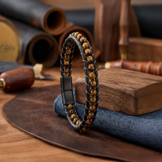 Kaplan Gözü Taşlı Deri Kordon ve Çelik Erkek Bileklik