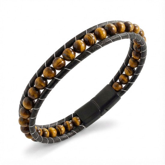 Kaplan Gözü Taşlı Deri Kordon ve Çelik Erkek Bileklik