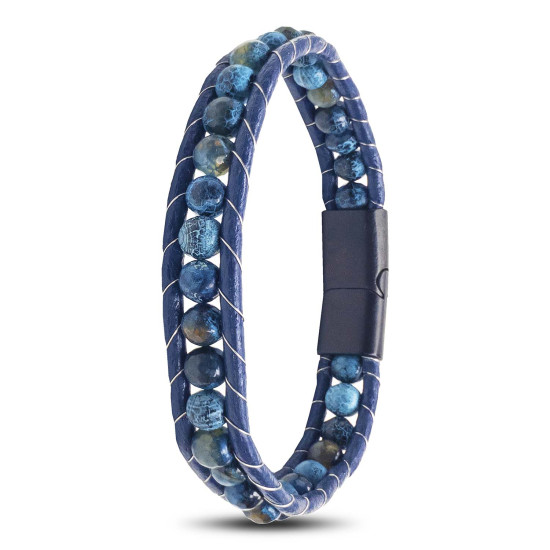 Mat Mavi Akik Taşlı Deri Kordonlu Çelik Erkek Bileklik Mat Mavi Akik Taşlı Deri Kordonlu Çelik Erkek Bileklik