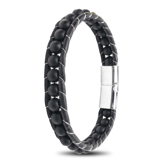 Casera's 6Mm Mat Oniks Taşlı Deri Kordon Ve Çelik Bileklik 33352B2D6M1