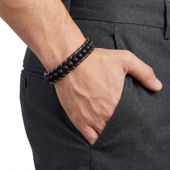 Casera's 6Mm Mat Oniks Taşlı Deri Kordon Ve Çelik Bileklik 33352B2D6M1