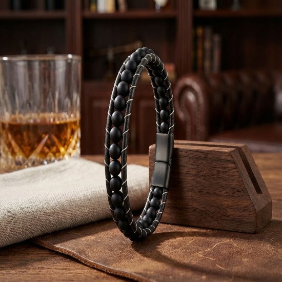 Casera's 6Mm Mat Oniks Taşlı Deri Kordon Ve Çelik Bileklik 33352B2D6M1