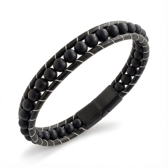 Casera's 6Mm Mat Oniks Taşlı Deri Kordon Ve Çelik Bileklik 33352B2D6M1