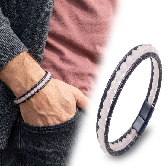 Pembe Kuvars Taşlı Deri Kordon Çelik Erkek Bileklik