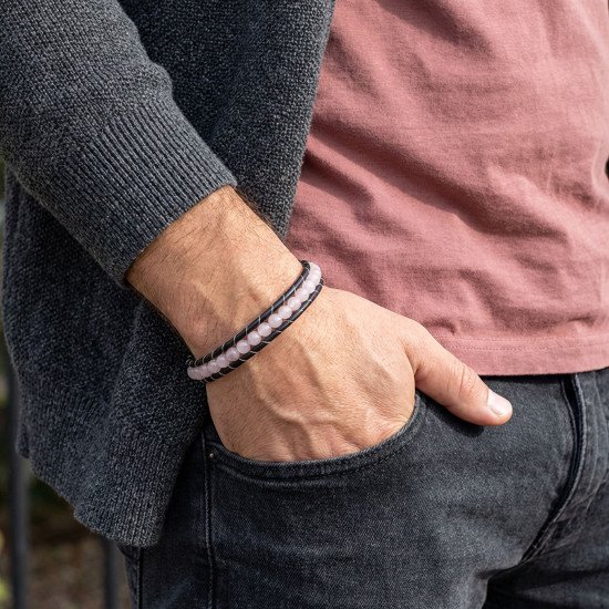 Pembe Kuvars Taşlı Deri Kordon Çelik Erkek Bileklik