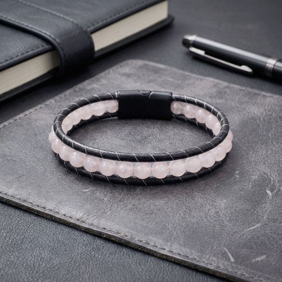 Pembe Kuvars Taşlı Deri Kordon Çelik Erkek Bileklik