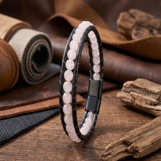 Pembe Kuvars Taşlı Deri Kordon Çelik Erkek Bileklik