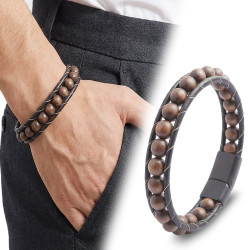 Ceviz Ağacı Doğal Taşlı Deri Kordonlu Erkek Bileklik