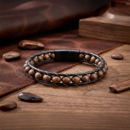 Ceviz Ağacı Doğal Taşlı Deri Kordonlu Erkek Bileklik