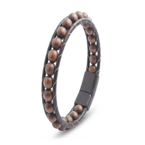 Ceviz Ağacı Doğal Taşlı Deri Kordonlu Erkek Bileklik