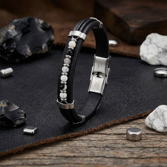 akik damarlı taşlı deri erkek bileklik