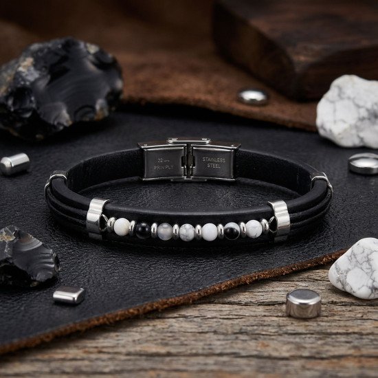 akik damarlı taşlı deri erkek bileklik