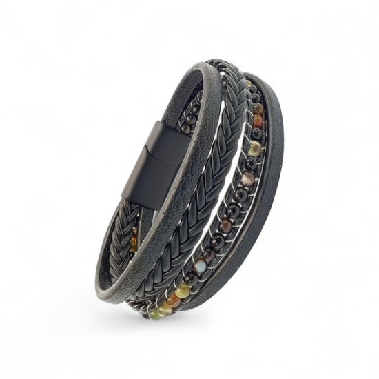 Akik Doğal Taşlı El Örgüsü Deri Erkek Bileklik