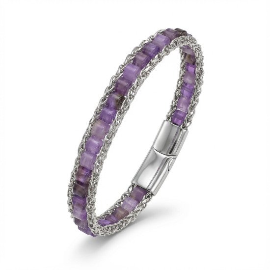 Ametist Doğal Taşlı Hasır Örgü Zincir Çelik Erkek Bileklik