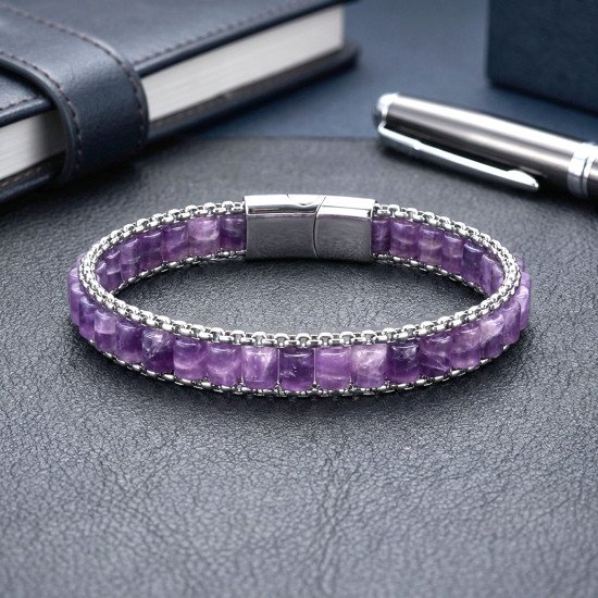 Casera’s ametist doğal taşlı erkek çelik bileklik Casera’s ametist doğal taşlı erkek çelik bileklik