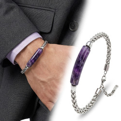 Ametist Doğal Taşlı Ayarlanabilir Çelik Zincir Erkek Bileklik