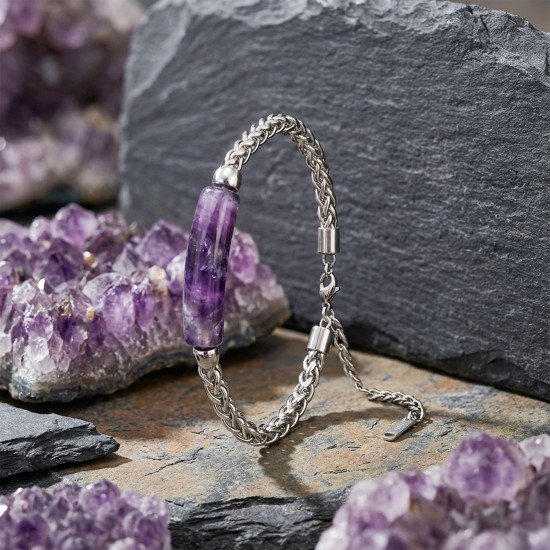 Premium Ametist Doğal Taşlı Ayarlanabilir Çelik Zincir Erkek Bileklik - Casera's Premium ametist doğal taşlı ayarlanabilir çelik zincir erkek bileklik