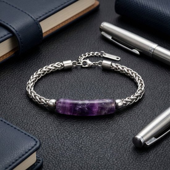Premium Ametist Doğal Taşlı Ayarlanabilir Çelik Zincir Erkek Bileklik - Casera's Premium ametist doğal taşlı ayarlanabilir çelik zincir erkek bileklik