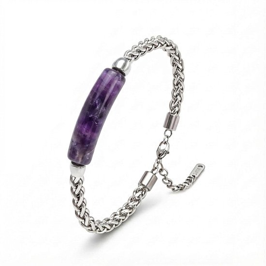 Premium Ametist Doğal Taşlı Ayarlanabilir Çelik Zincir Erkek Bileklik - Casera's Premium ametist doğal taşlı ayarlanabilir çelik zincir erkek bileklik