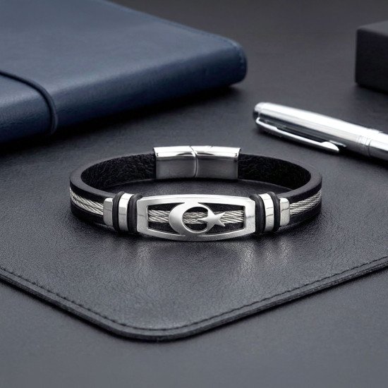 Ay Yıldız Motifli Çelik Halatlı Deri Erkek Bileklik