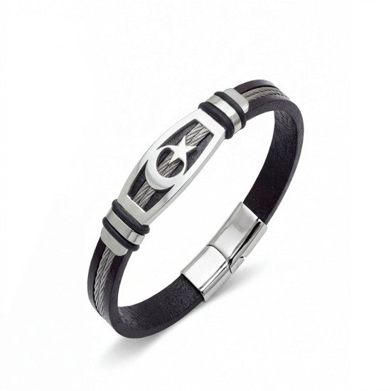 Ay Yıldız Motifli Çelik Halatlı Deri Erkek Bileklik