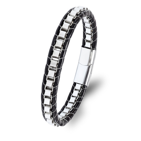 Çelik Zincir Detaylı Örgü Deri Erkek Bileklik