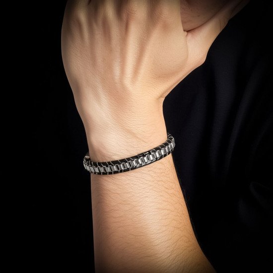 Çelik Zincir Detaylı Örgü Deri Erkek Bileklik