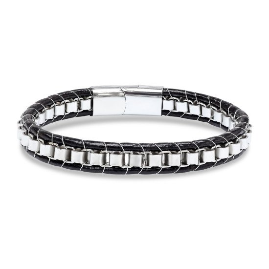 Çelik Zincir Detaylı Örgü Deri Erkek Bileklik