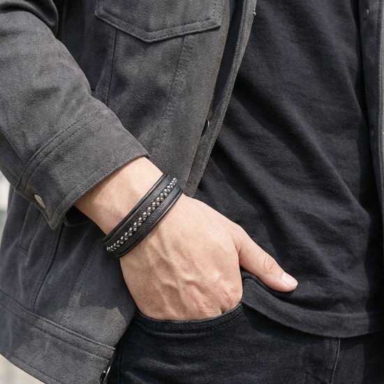 Beyaz Hematit Doğaltaşlı Çoklu Deri Çelik Erkek Bileklik beyaz hematit doğaltaşlı çoklu deri çelik erkek bileklik