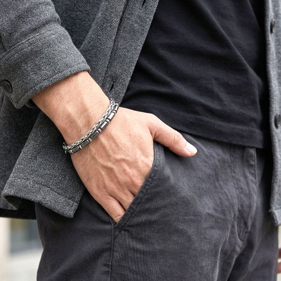 Boru kesim hematit ve çelik zincir erkek bileklik