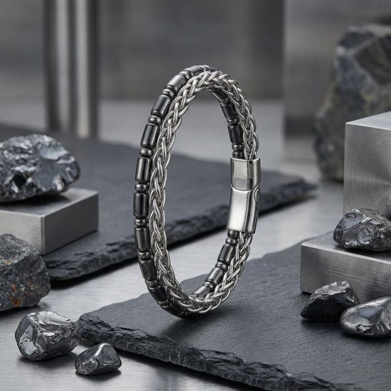 Boru kesim hematit ve çelik zincir erkek bileklik